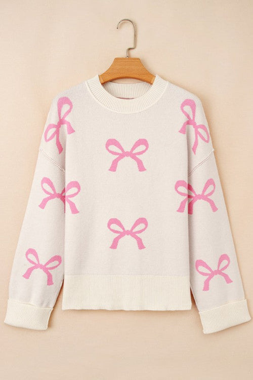 Bow Ribbed Trim Reverse Seam Drop Shoulder Sweater