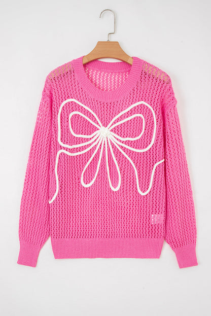 Valentine Bow Hollowed Knit Drop Shoulder Sweater