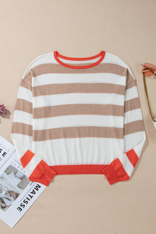 Stripe Colorblock Crewneck Drop Shoulder Sweater