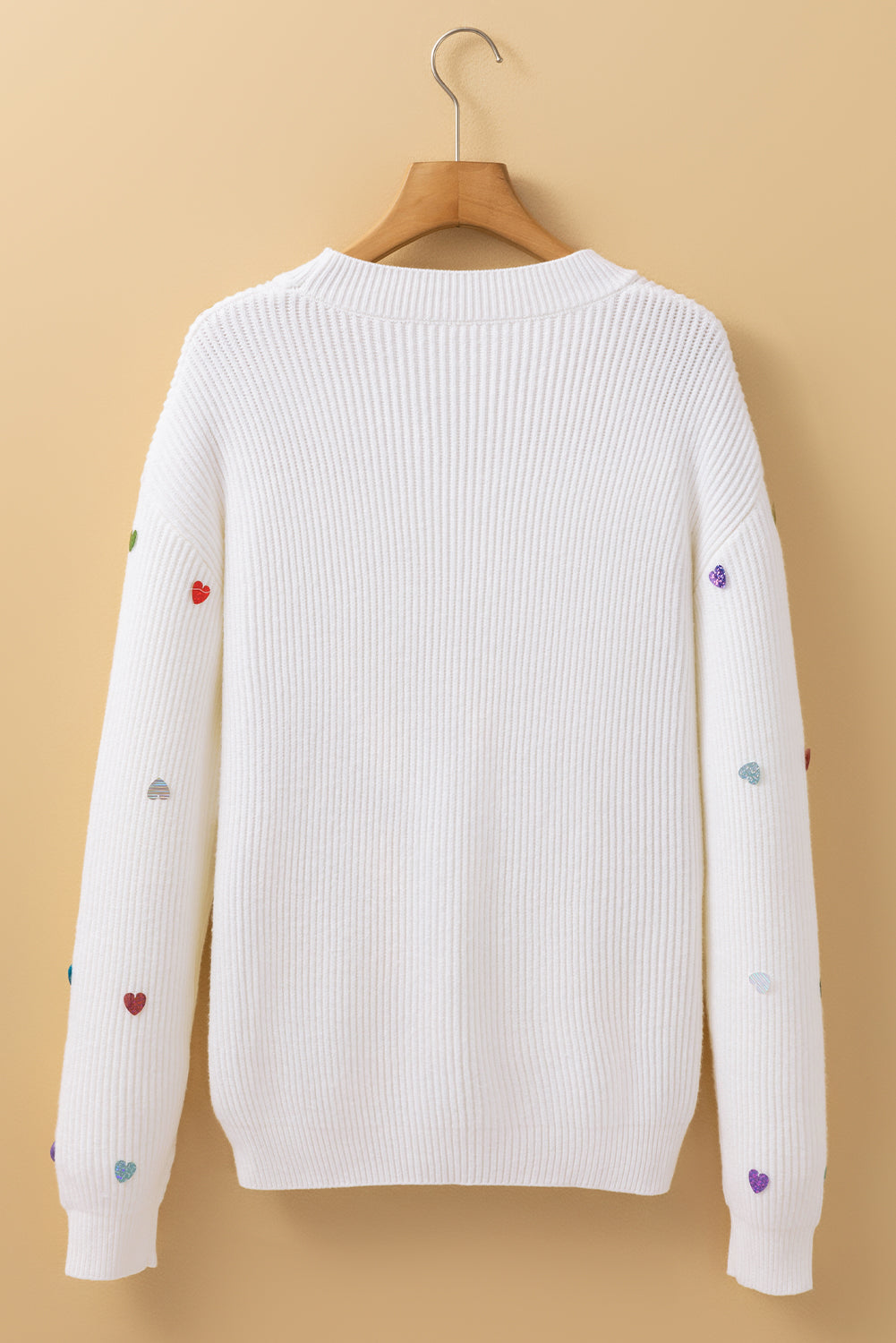Valentine Heart Sequin Ribbed Knit Crewneck Sweater