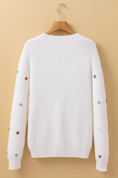 Valentine Heart Sequin Ribbed Knit Crewneck Sweater