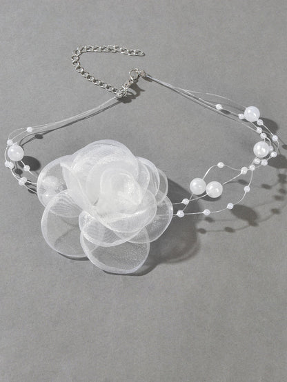 Romantic Jewellery Multi-layer Pearl Chain White Flower Choker Floral