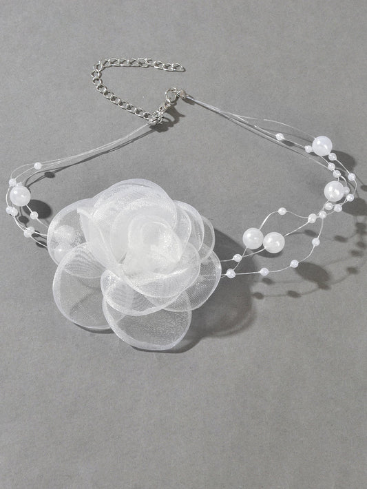 Romantic Jewellery Multi-layer Pearl Chain White Flower Choker Floral