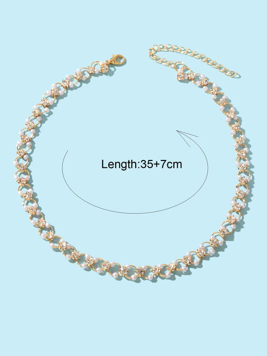 Wedding Engagement Gift Jewellery Rhinestone Pearl Decor Hollow Choker