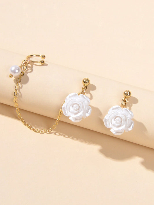 Asymmetric Gold Chain White Flower Stud Earrings Ear Cuff Cartilage