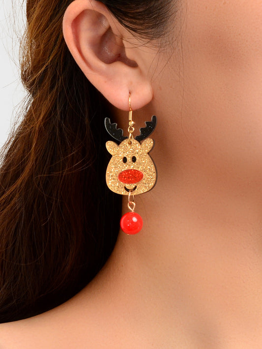 Shining Red Bead Gold Dangle Christmas Reindeer Earrings Elk Deer