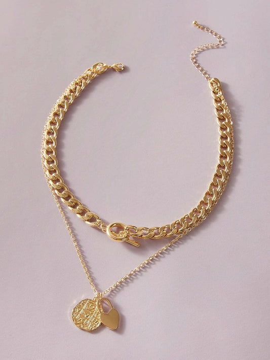 Punk Jewellery Crude Gold Double layer Chain Round Disc Lock Love