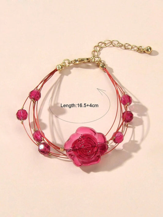 Fashion Jewellery Multi-layer Beads Chain Resin Red Rose Flower Women