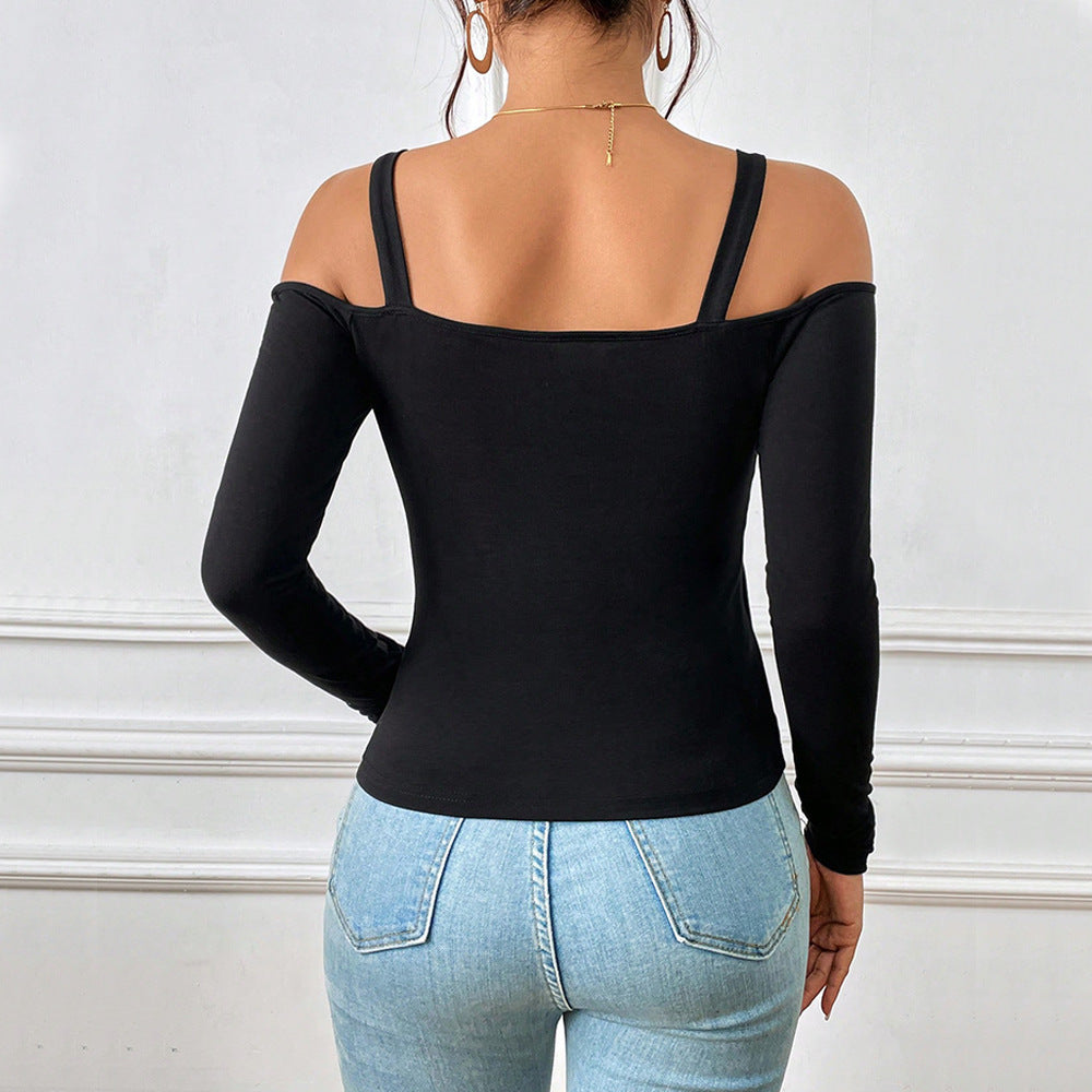 Women's Spring And Summer Fashion Simple Suspender Off-Shoulder Metal