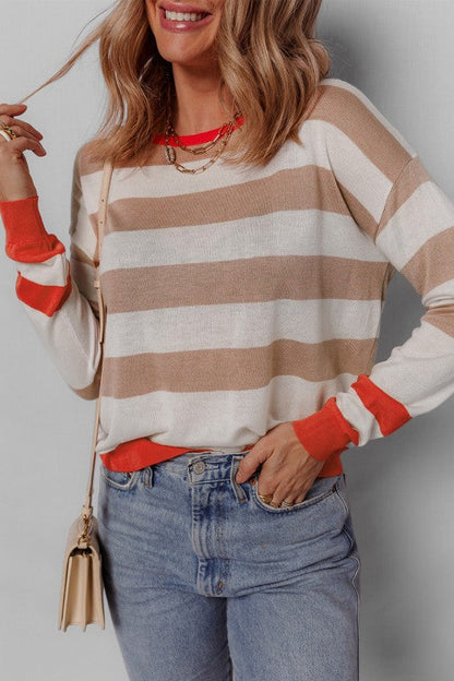 Stripe Colorblock Crewneck Drop Shoulder Sweater