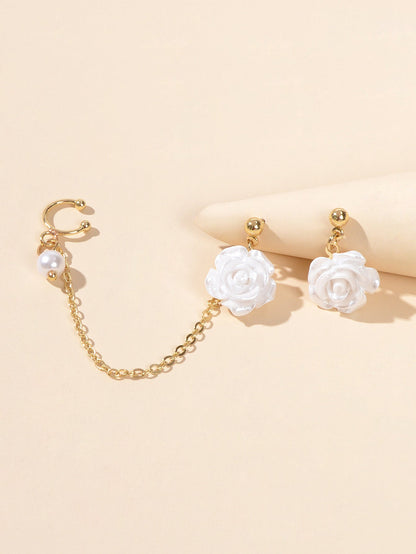 Asymmetric Gold Chain White Flower Stud Earrings Ear Cuff Cartilage