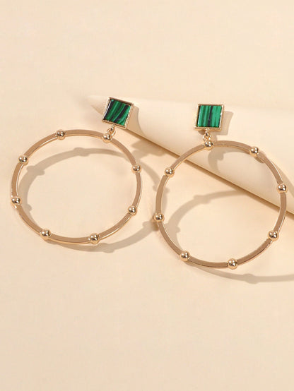 Trendy Jewellery Green Squre Decor Gold Circle Statement Dangle Party