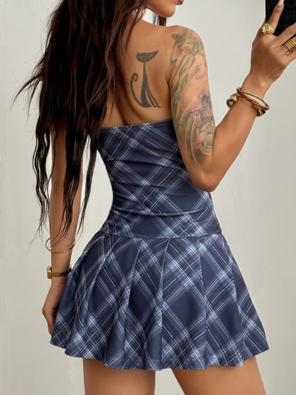 Sacco Plaid Off Shoulder Pleated Dress