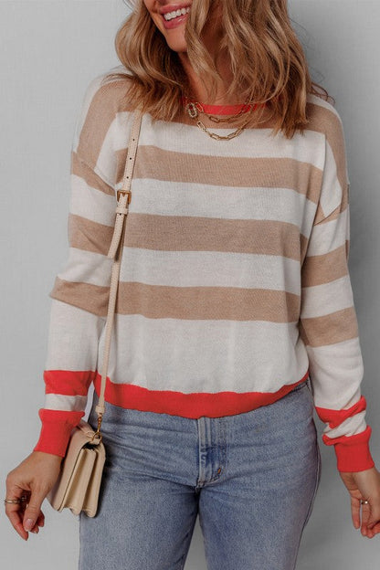 Stripe Colorblock Crewneck Drop Shoulder Sweater