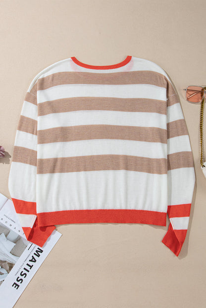 Stripe Colorblock Crewneck Drop Shoulder Sweater