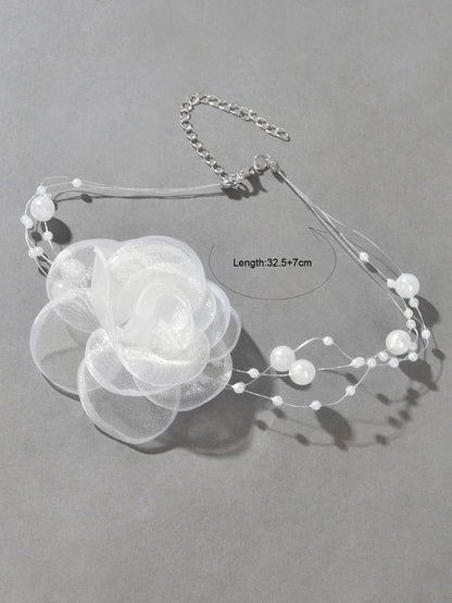 Romantic Jewellery Multi-layer Pearl Chain White Flower Choker Floral