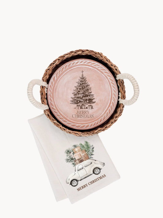 Bread Warmer & Basket Gift Set with Tea Towel - Christmas Tree Oval
