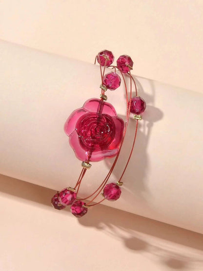 Fashion Jewellery Multi-layer Beads Chain Resin Red Rose Flower Women