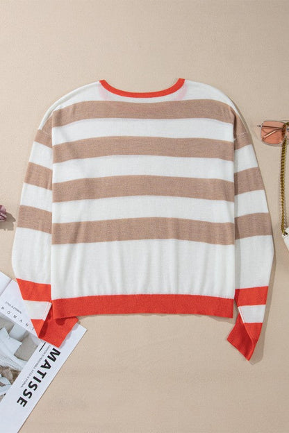 Stripe Colorblock Crewneck Drop Shoulder Sweater
