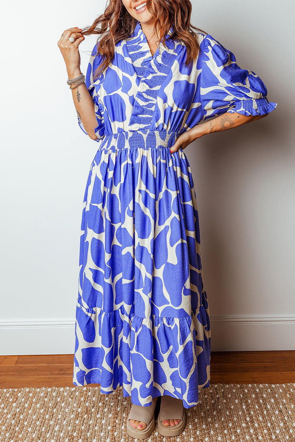 Abstract Smocked Waist Puff Sleeve Maxi Dress