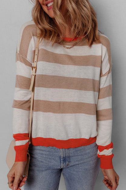 Stripe Colorblock Crewneck Drop Shoulder Sweater
