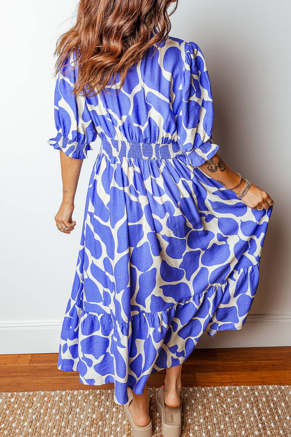 Abstract Smocked Waist Puff Sleeve Maxi Dress