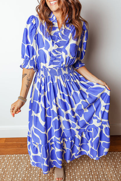 Abstract Smocked Waist Puff Sleeve Maxi Dress