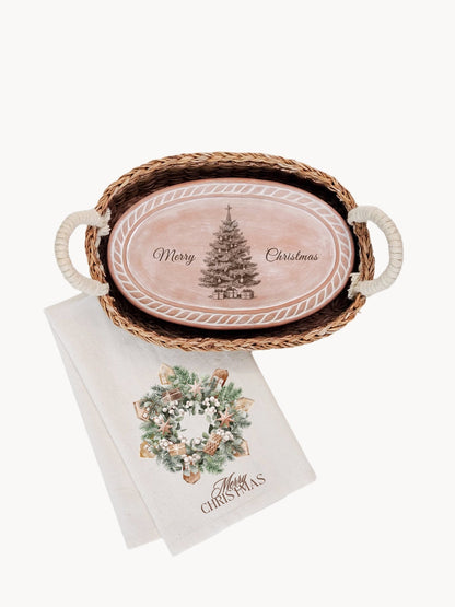 Bread Warmer & Basket Gift Set with Tea Towel - Christmas Village Oval