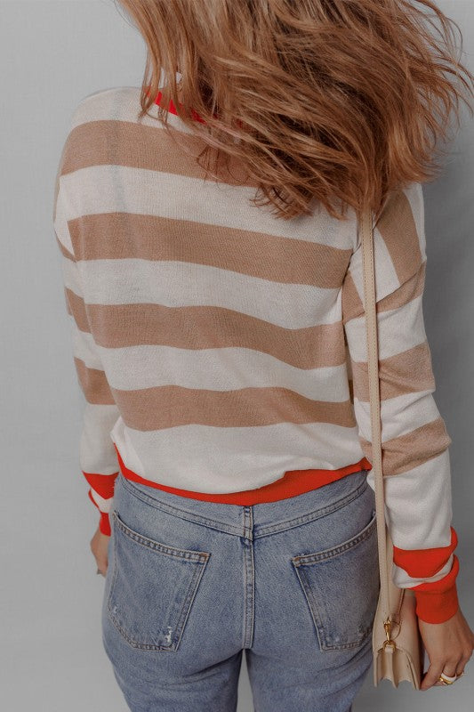 Stripe Colorblock Crewneck Drop Shoulder Sweater