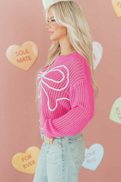 Valentine Bow Hollowed Knit Drop Shoulder Sweater