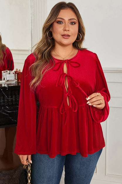 Plus Size Velvet Tie Front Peplum Blouse