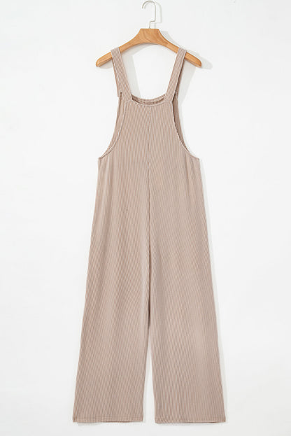 Ribbed Knit Patch Pocket Wide Leg Overalls