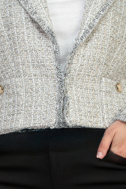 Elie Long Sleeve Tweed Metallic Open-Front Blazer With Patch Pockets With Metal Chain Logo Bar