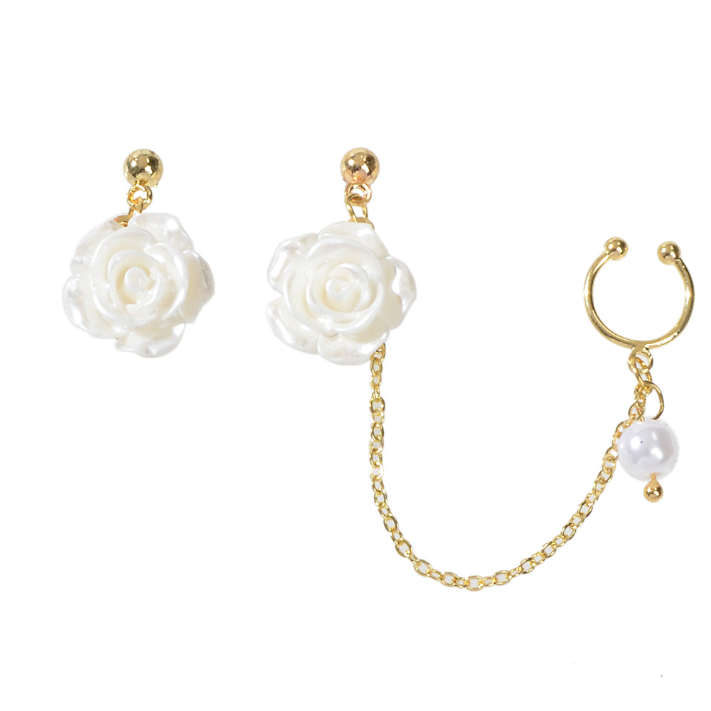 Asymmetric Gold Chain White Flower Stud Earrings Ear Cuff Cartilage