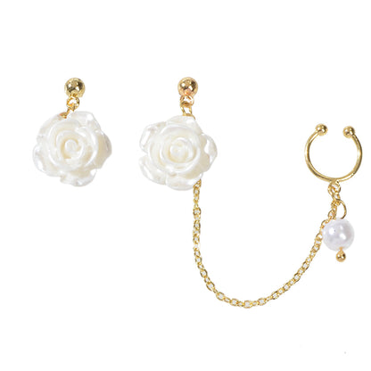 Asymmetric Gold Chain White Flower Stud Earrings Ear Cuff Cartilage
