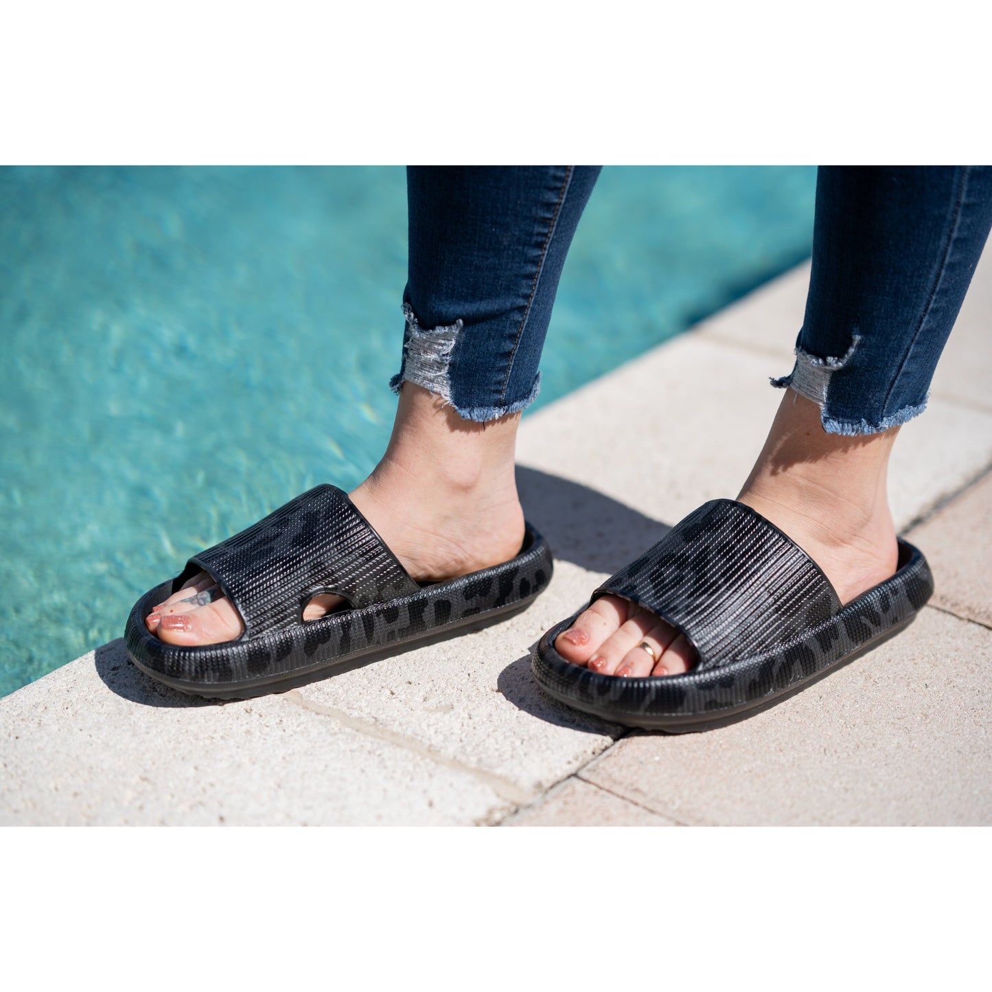 Black Leopard Slides