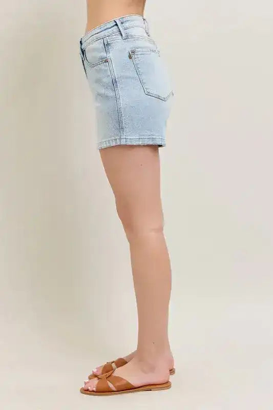 Judy Blue Frayed Hem High Rise Denim Shorts with Pockets