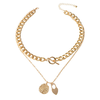 Punk Jewellery Crude Gold Double layer Chain Round Disc Lock Love