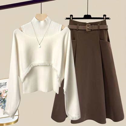 Ancient Knitted Blouse Inner Vest With Skirt Three-piece Set