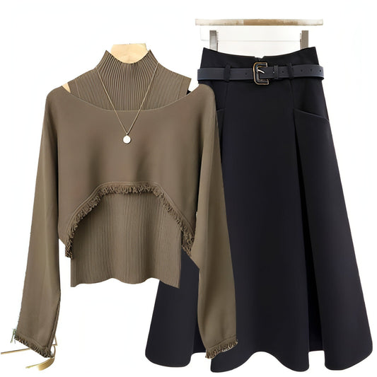 Ancient Knitted Blouse Inner Vest With Skirt Three-piece Set