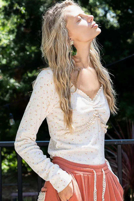POL Floral V-Neck Long Sleeve T-Shirt