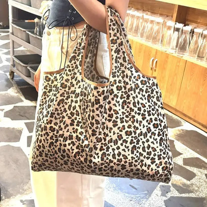Large Capacity Leopard Print Hand Shopping Bag Women's Daily Folding