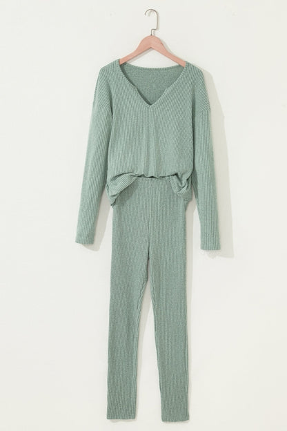 Ribbed Knit Long Sleeve Top and Leggings Set
