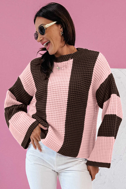Stripe Colorblock Thermal Textured Knit Drop Shoulder Sweater