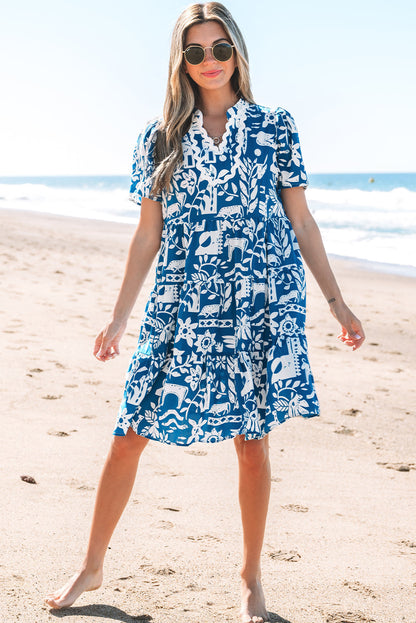 Floral Ricrac Trim Split Neck Tiered Mini Dress