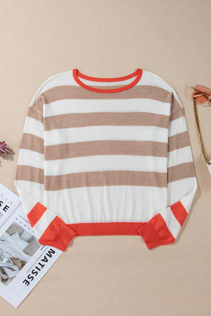 Stripe Colorblock Crewneck Drop Shoulder Sweater