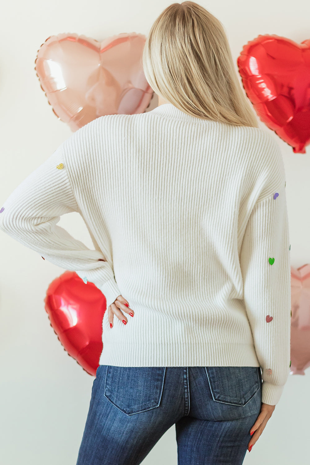 Valentine Heart Sequin Ribbed Knit Crewneck Sweater