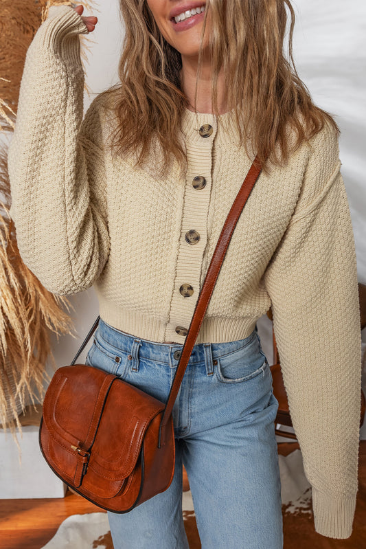 Solid Button-Up Cropped Cardigan Sweater