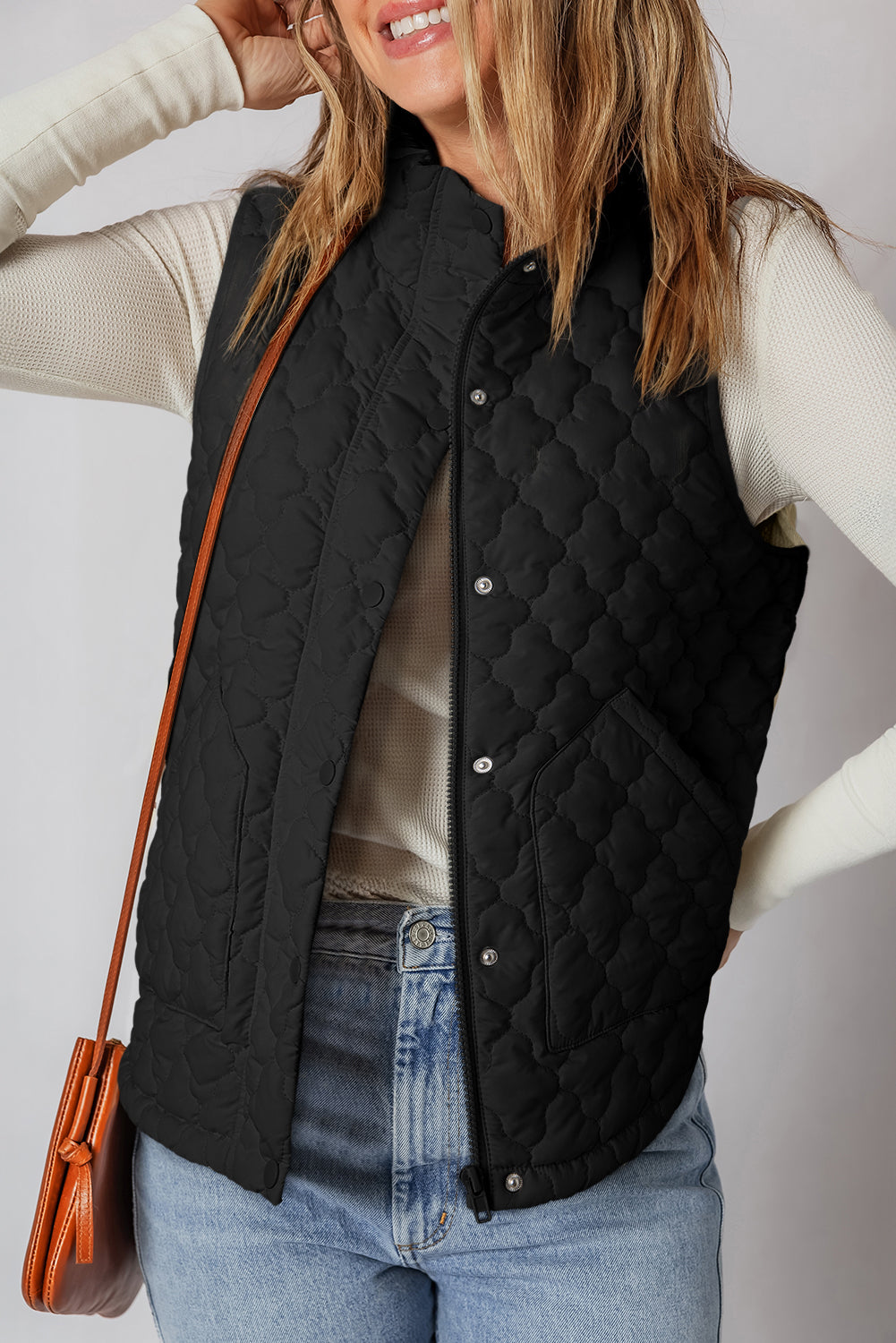 Quilted Zip-Up Snap Button Pocketed Vest