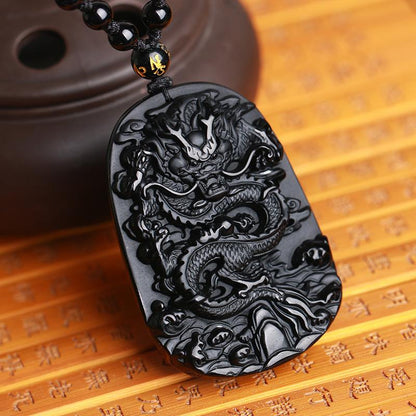 Dragon Black Obsidian Necklace - Lucky Charm